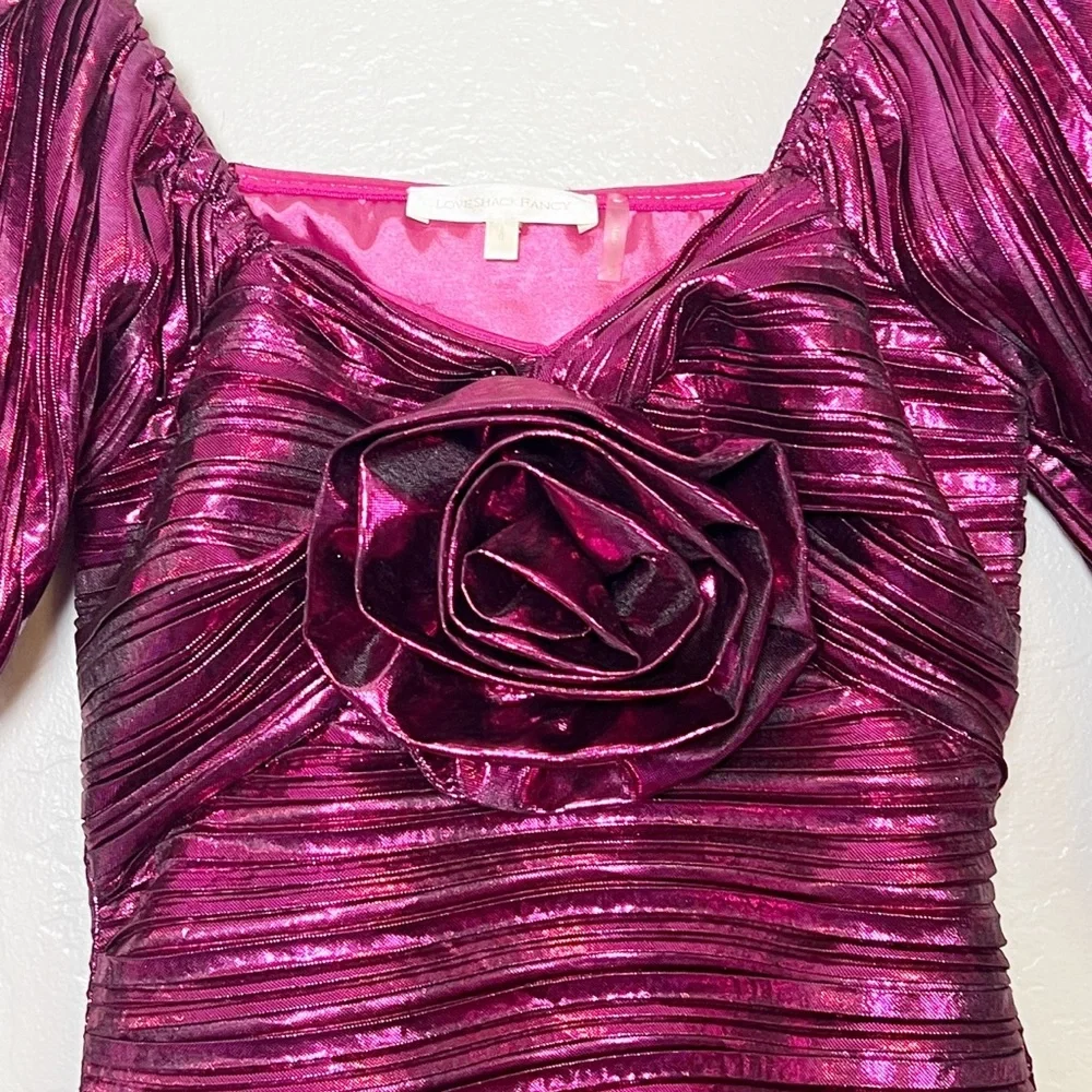 •LOVESHACKFANCY• Thompson Rose Appliqué Metallic Minidress in Fuchsia‎ Size 0 - Picture 4 of 15